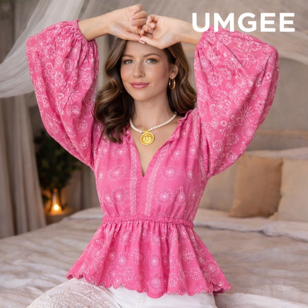 Umgee,Pink Eyelet Embroidered Cotton Peplum Blouse Boho Puff Sleeve,EUC, SIZE L